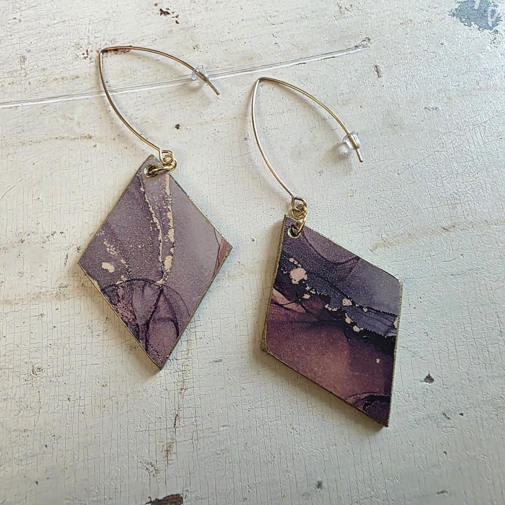 Handmade Abstract Wood Statement Earrings OOAK Taupe Brown Gold Metallic Dangles - Picture 6 of 7